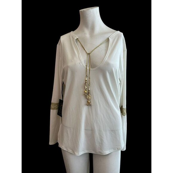 Women’s Oversized Small Blouse Ivory W Gold Rope Jeweled Tie V Neck Flowy NWT - Picture 1 of 9